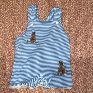 Claire & Charlie Blue Striped Baby set Overalls with Dog Embroidery